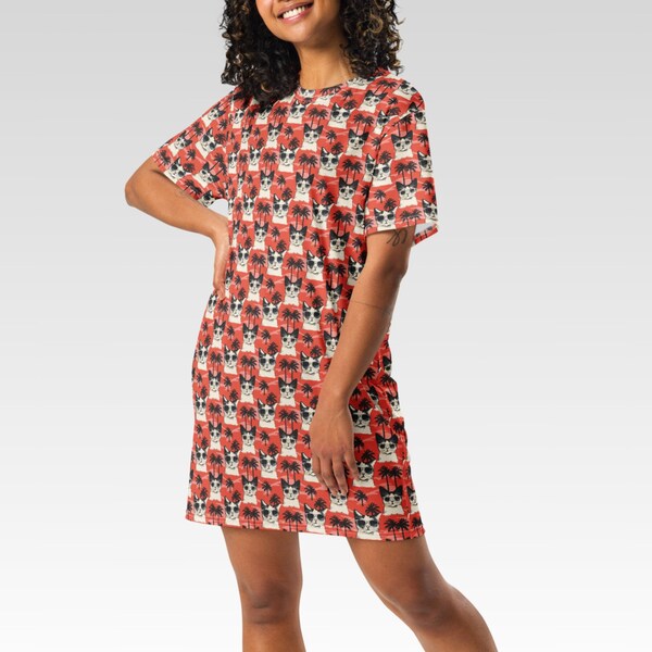 T-SHIRT DRESS - Cool Cat Print Comfy Tee Dress Womens Above Knee T-Shirt Dress Party Dress for Spring Summer Fall All-occasion