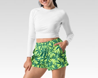 WOMENS SHORTS - Cannabis Print Breathable Fast-Dry Stretch Fabric Casual Shorts Pockets Athletic Shorts for Running Exercise Swimming