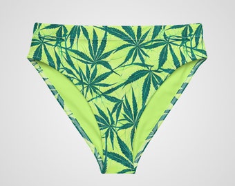 BIKINI-HOSE – Cannabis-Druck, hohe Taille, Damen-Bademode mit mittlerer Abdeckung und Sonnenschutz für Strandurlaub, Poolparty