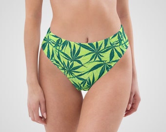 BIKINI-HOSE – Cannabis-Druck, hohe Taille, Damen-Bademode mit mittlerer Abdeckung und Sonnenschutz für Strandurlaub, Poolparty