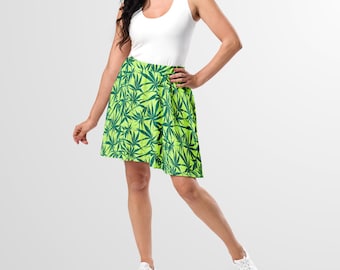 SKATER SKIRT - Falda skater con estampado de cannabis para mujer, falda acampanada por encima de la rodilla para primavera, verano, otoño, para todas las ocasiones, fiesta de trabajo, vacaciones