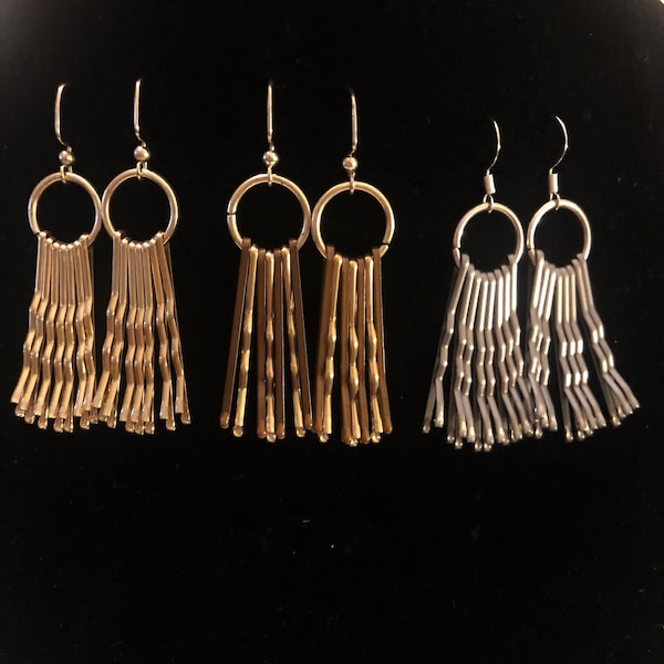 Bobby Pins Earrings, Choose Gold,  Brown and Gold, or Silver, Organza Gift Bag.