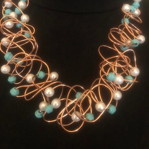Avant-garde Necklace Copper Wire, Turquoise and Pearl Beads, Gift Boxed. “COPPER TURQUOISE and PEARL”