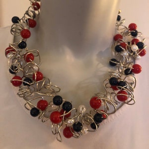Red, White, and Blue Beads, Choker Necklace, Silver Wire, Choker, Adjustable Length, Avant-garde, Statement Necklace, “WAVE THE FLAG!”