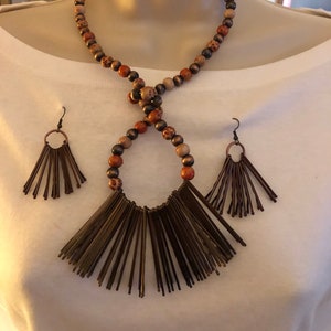 Bronze Wires Bronze Beads Wooden Painted beads Abstract Avant Garde African Necklace Earrings. “IN PLAIN SIGHT”