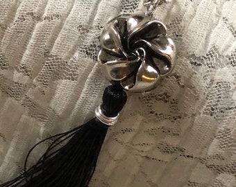 SALE Tassel Pendant Adjustable Length Necklace Black and Silver “Yours Truly”