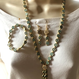 Turquoise and Gold Jewelry Ensemble Flower Beads Long Necklace Bracelet Earrings “FLOWER ESSENCE”