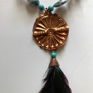 Copper and Turquoise Jewelry Set. Necklace, Earrings, Bracelet, Feathers Boho. “SUNSET”