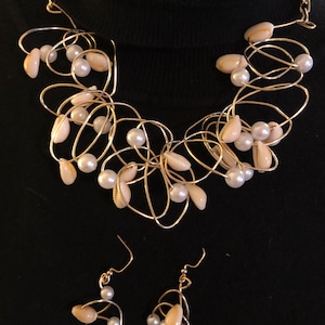 Cowrie Shells Pearls Avant Garde Necklace Earrings Gold or Silver Wire Jewelry Set. “BEACH PARTY”