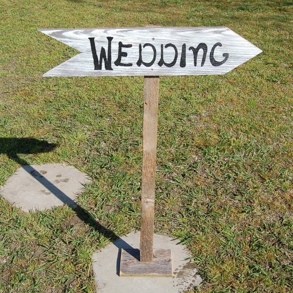 Self Standing Directional Wedding Sign on 3ft Stake--White and Black--Hand Painted on Reclaimed Wood