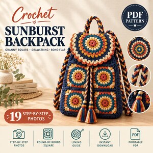 Crochet Backpack Pattern PDF, Granny Square Mandala Drawstring Bag, Boho Flap Rucksack, Step by Step Tutorial, Instant Download
