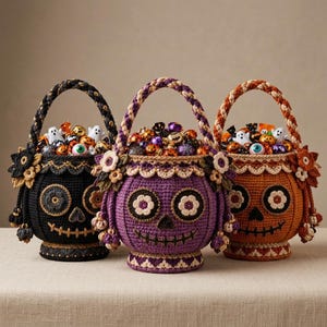 Peut inclure: Trois paniers au crochet noirs, violets et orange, chacun arborant un motif de crâne avec des accents floraux, des anses tressées et des bords festonnés. Les paniers sont remplis de bonbons sur le thème d'Halloween, incluant des formes de fantômes.