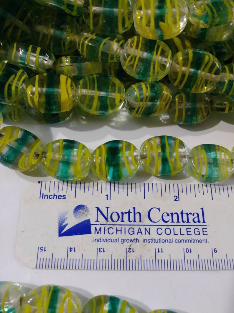 Vintage 1970s Lamp Work Glass Beads Clear w Stripes 15in strand 20 Beads Flat Oval Hippie Gypsy Rendezvous Necklace Jewelry Craft Supplies