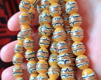 LampWork Glass Beads Venetian Style Greasy Yellow with Aventurine