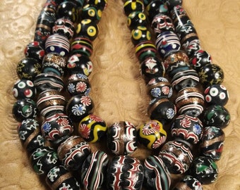 New Fancy Glass Bead Long Necklace Made in Java Reproduction Venetian Style Choice of 3 Styles Candy Cane, Faux Chevron, Electric Floral