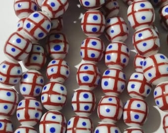 TicTacToe Beads, White With Stripes and Dots, Reproduction Trade Beads