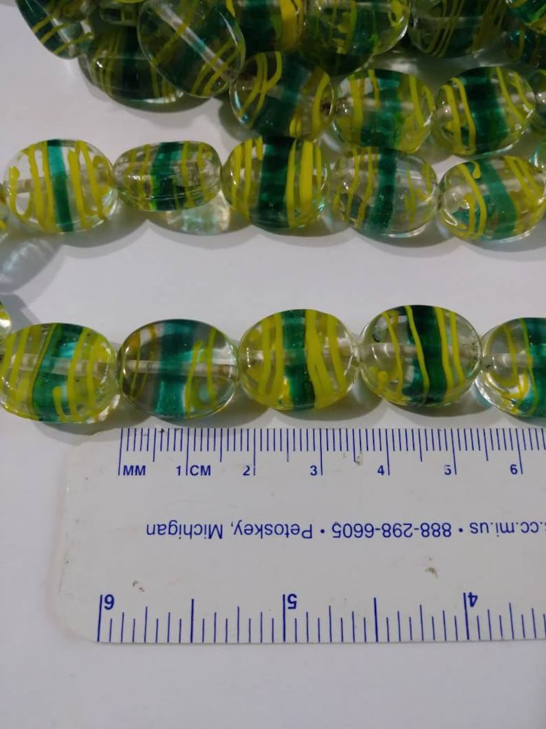 Vintage 1970s Lamp Work Glass Beads Clear w Stripes 15in strand 20 Beads Flat Oval Hippie Gypsy Rendezvous Necklace Jewelry Craft Supplies