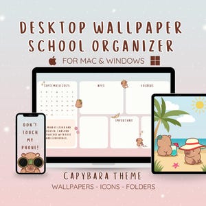 Capybara Desktop Organizer, School Calendar Wallpaper for Mac & Windows, Aesthetic Kawaii Icons, Productivity Background, Digital Download