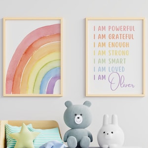 Pósteres infantiles con acuarela y arcoíris. Afirmaciones positivas personalizadas. Decoración de habitación de bebé. Arte mural infantil - Descarga digital