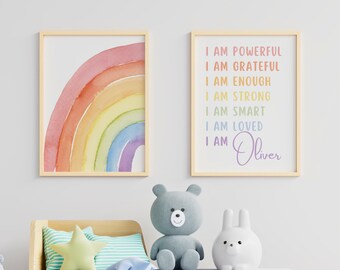 Impresión de arcoíris en acuarela: Afirmaciones personalizadas, decoración para habitación de bebé (descarga digital)
