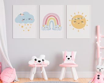 Láminas de arte celestial para guardería: Sol, luna y arcoíris en acuarela (descarga digital)