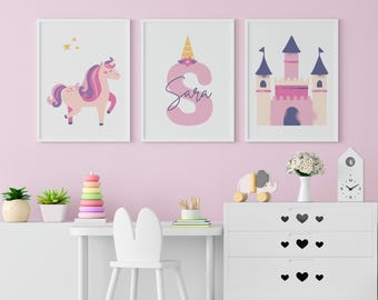 Láminas de Castillo de Unicornio para habitación infantil: Decoración personalizada para habitación de niña (Descarga digital)