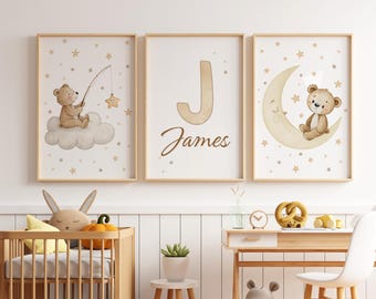 Láminas de acuarela de ositos de peluche para habitación infantil: nombre personalizado, juego de 3 (descarga digital)
