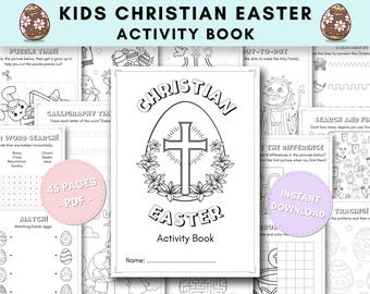 Libro de actividades cristianas de Pascua para niños. Preescolar. 45 páginas imprimibles. Juegos de Pascua, páginas para colorear, actividades cristianas. Libro de actividades.
