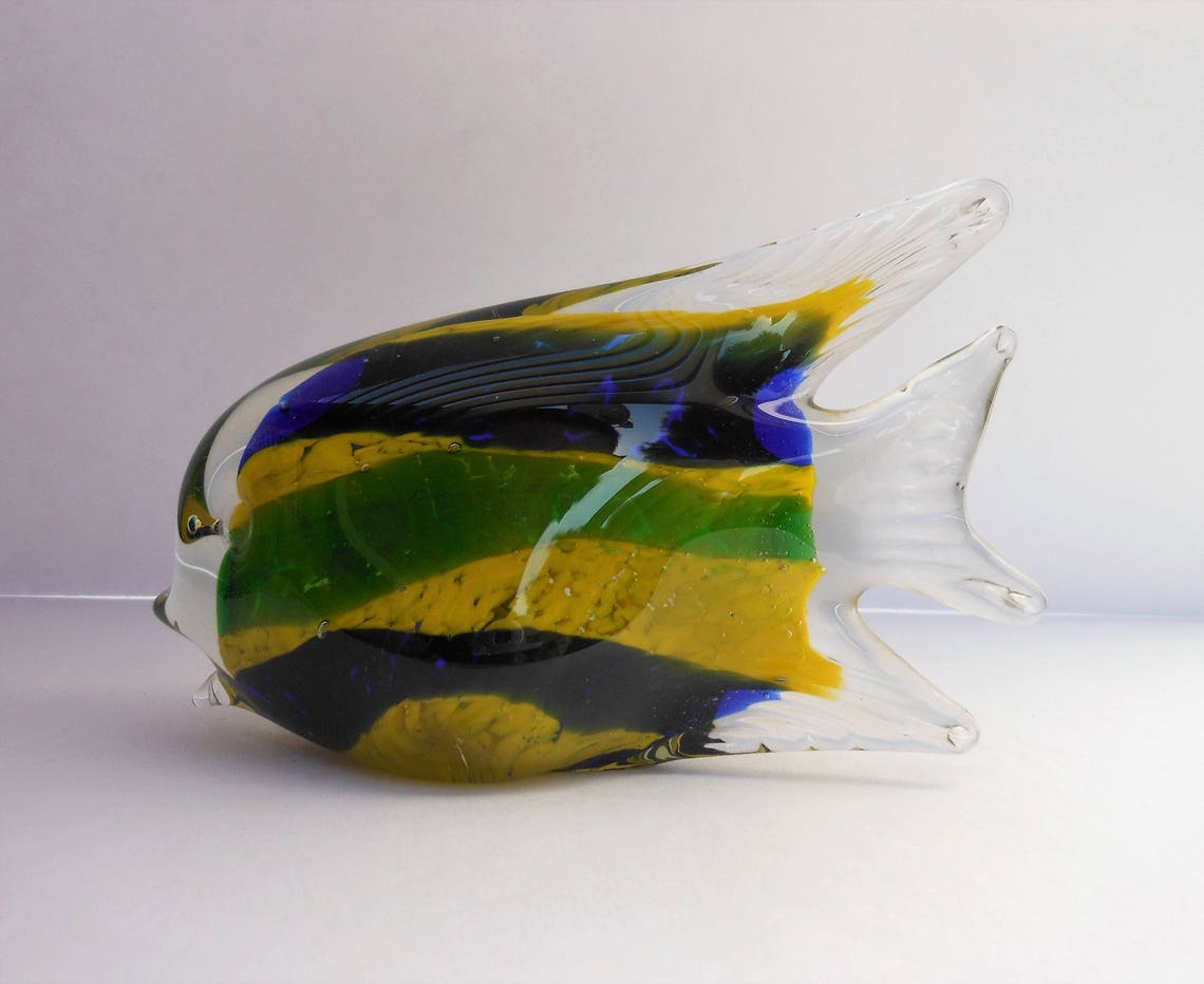 Murano Style Glass Fish / Yellow Green & Blue Striped Glass Etsy