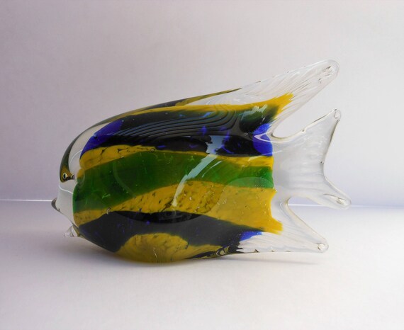 New 11/" Hand Blown Art Glass Angel Fish Figurine Sculpture Yellow Blue Stripes