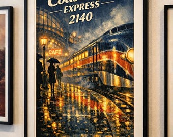 CoastLuxe Express 2140 Art Deco Train Poster – Retro Futurist Rain Station Print – Vintage Travel Wall Art
