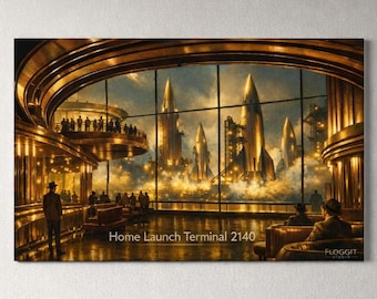 Home Launch Terminal 2140 — Art Deco Spaceport Poster, Warm Gold & Teal Retro‑Futurist Print.