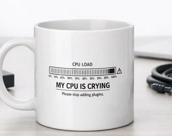 Minimalist CPU Meter Mug – Producer Gift, Audio Engineer Mug, Funny Plugin Overload Cup, Studio Gear Aesthetic, Black & White Tech Mug