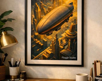 Futuristic Airship Art Print – Retro‑Futurism Wall Decor, Golden Cityscape Poster, Art Deco Aviation Illustration by Floggit Studio