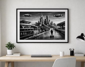 Futuristic Cityscape Print – Black & White Modern Wall Art by Floggit Studio