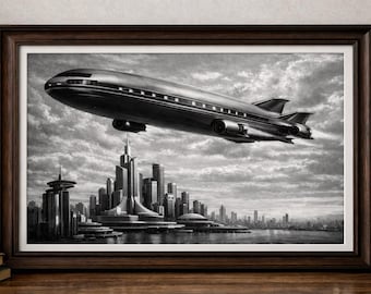 Airship Above Future City – Black and White Travel Poster