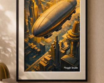 Futuristic Airship Art Print – Retro‑Futurism Wall Decor, Golden Cityscape Poster, Art Deco Aviation Illustration by Floggit Studio