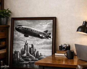 Airship Above Future City – Black and White Travel Poster