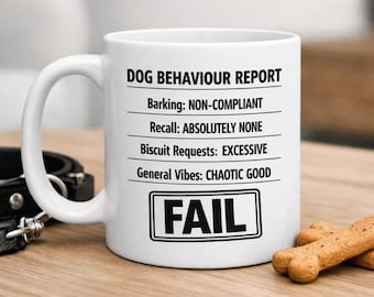 Dog Behaviour Report Mug – Funny Dog Owner Gift – Non‑Compliant Barking, Chaotic Good Vibes – Black & White 11oz Mug