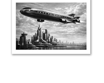 Dirigibile sopra una città futuristica - Poster di viaggio in bianco e nero