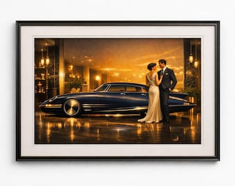 Futurecar 2140 Art Deco Poster — Retro‑Futurist Luxury Car Print on Eco Bamboo Cotton — Floggit Studio Design