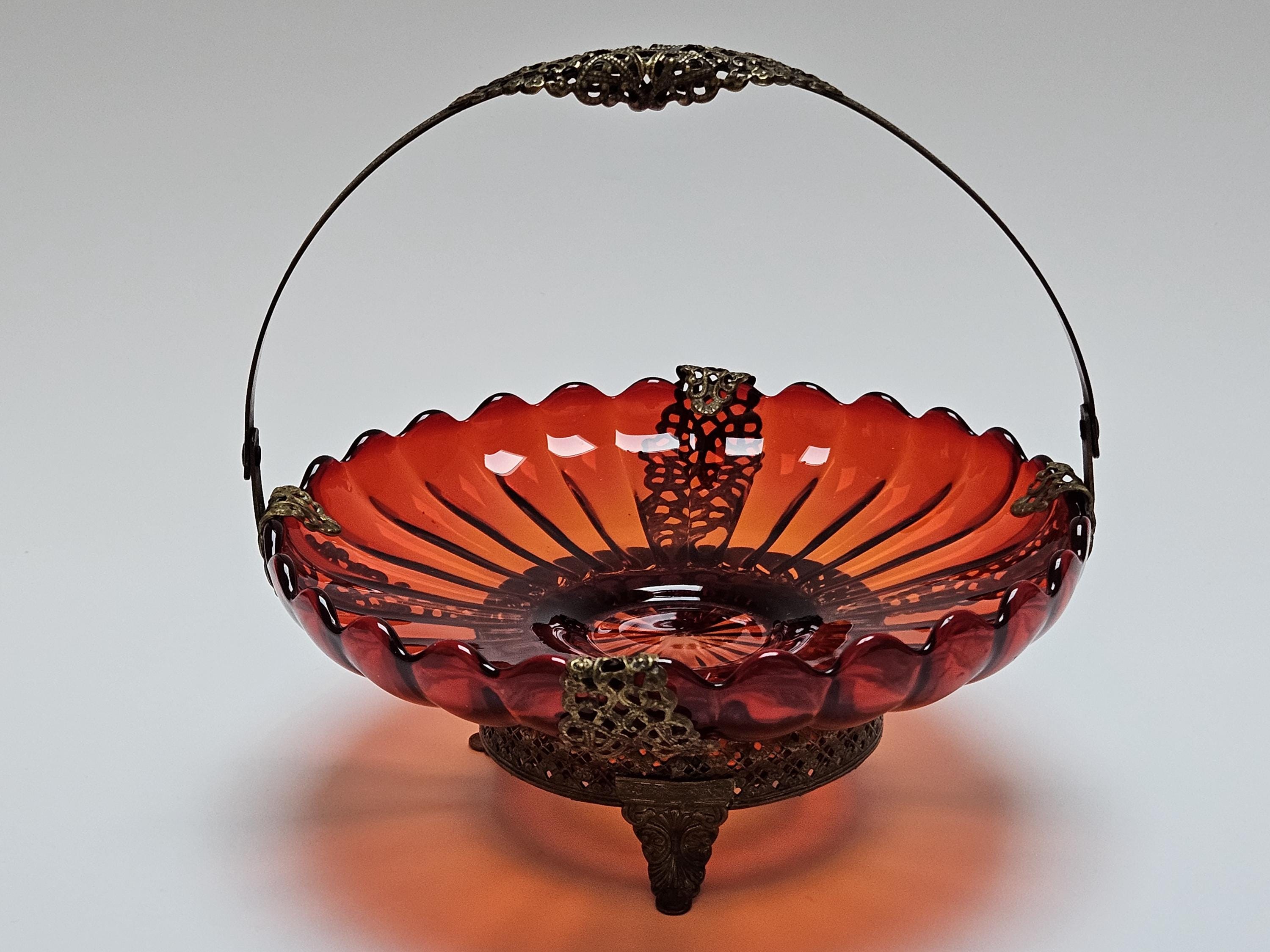 Antique Ruby Red Glass Basket with Ormolu Brass Trim and Handle, Victorian Bride's Basket, Vintage Red Glass Scalloped Dish