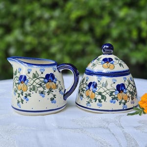 Polish Pottery Boleslawiec Sugar Bowl and Creamer Set with Pansies Pattern