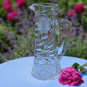 Antique American Brilliant Period Cut Glass Tall Pitcher, Antique Collectible Clear Cut Glass Pitcher