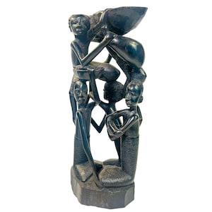 Hand-Carved Ebony Wood African Tree of Life Sculpture Tribal Art Natural Cracks