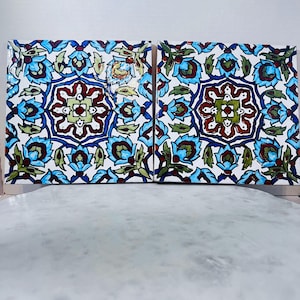 Cedolesa Made In Spain 2 Ceramic Tiles Hand-painted Geometric Mid 20th Century 8&quot;