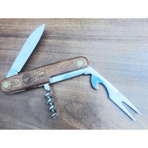 Vtg Duck Head Multi-Tool Pocket Knife Corkscrew Fork Stainless Steel Wood Handle