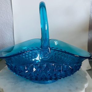 Vtg Aqua Turquoise Blue Tiera Indiana Glass Basket Diamond Point Large Glows