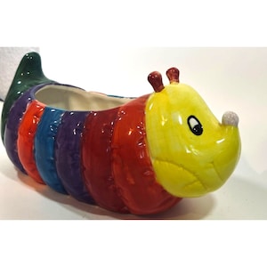 vtg Rainbow Caterpillar Ceramic Planter Inch worm Anthropomorphic kidcore vibrant