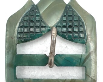 Vintage Belt Buckle Art Deco Thermoplastic Marbled Green Collectors Sewing 2.25"